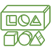 Green icon of geometric shapes (square, circle, triangle) stacked as building blocks.