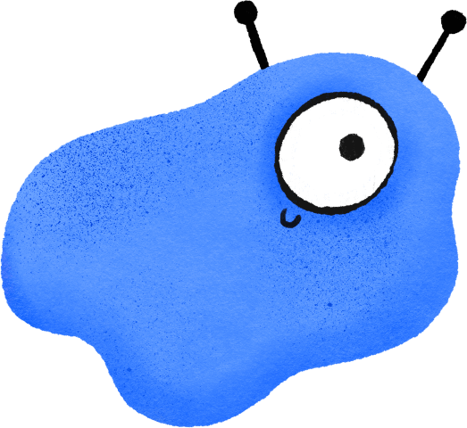 Cartoon illustration of a blue blob-shaped monster with one big eye and a tiny mouth.