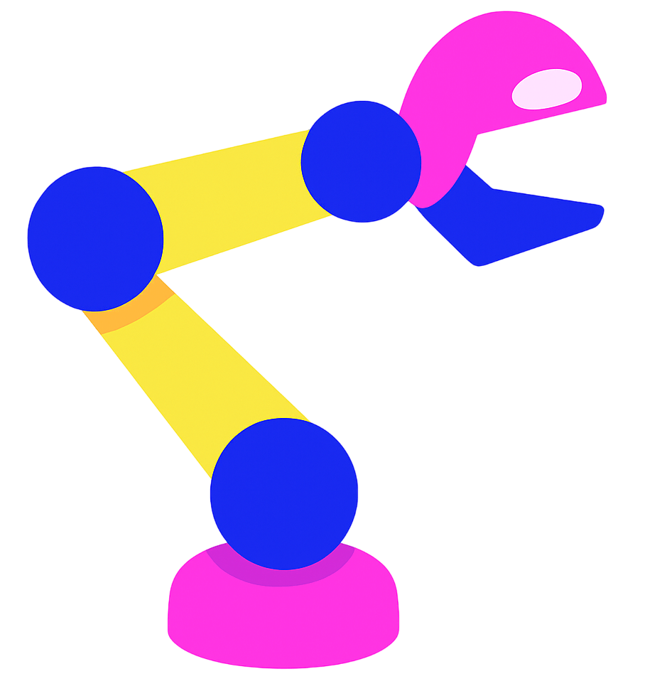 Stylized robot arm in pink, yellow, and blue.