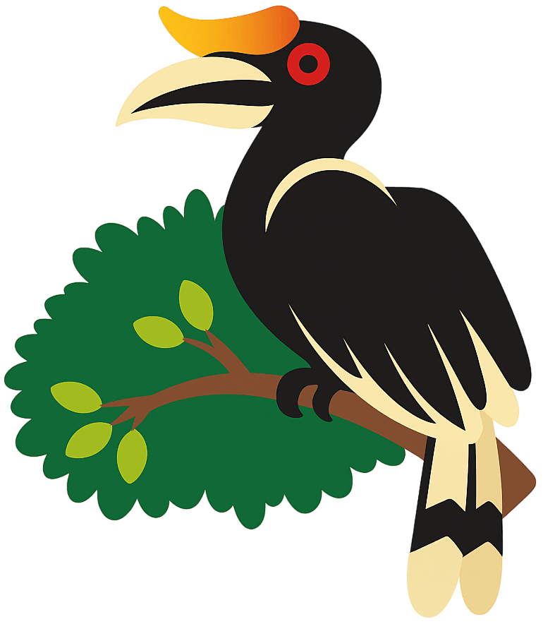 Stylized image of a hornbill perched on a branch.